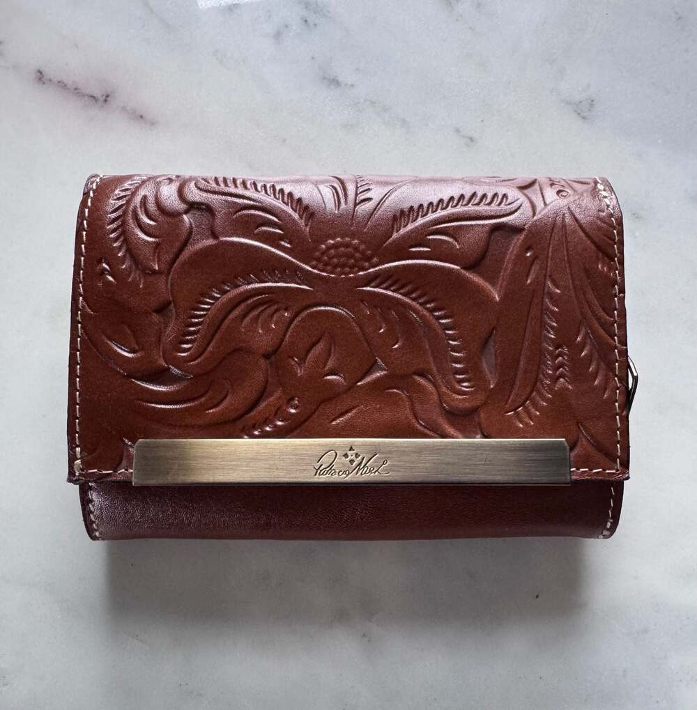 Patricia Nash Cametti Tooled Leather Trifold Wallet in Tan Floral